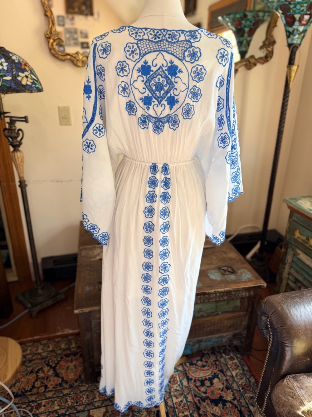 Fillyboo White Maxi Dress with Blue Embroidery and Tassel Drawstring - Picture 3 of 8